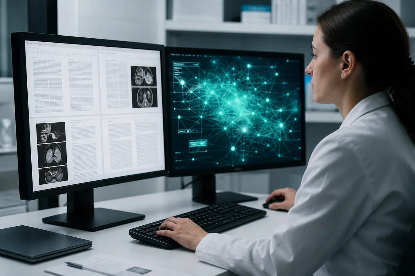 Clinical researcher using AI-assisted document and data review