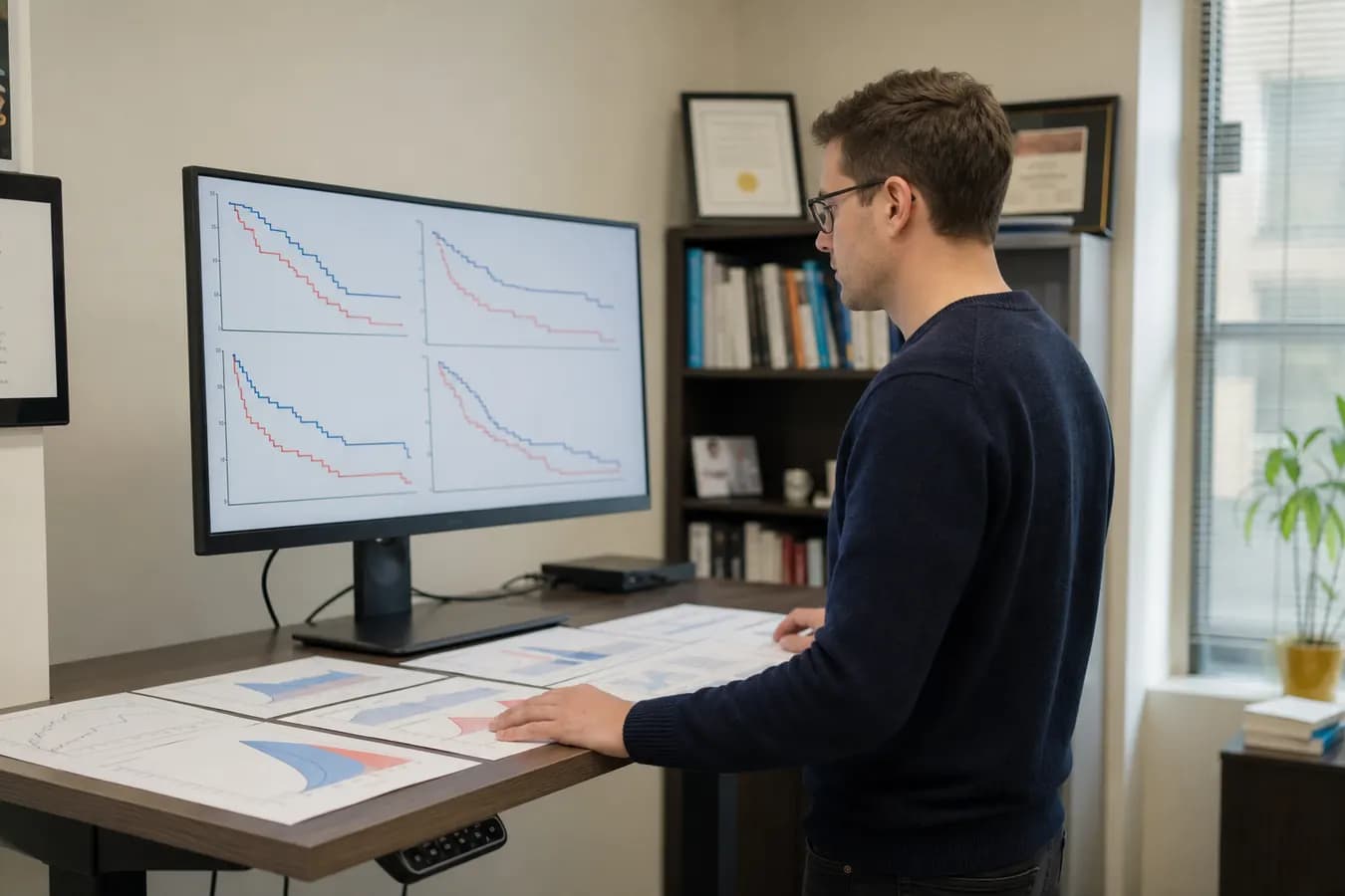 Biostatistician reviewing survival curves and study analysis output