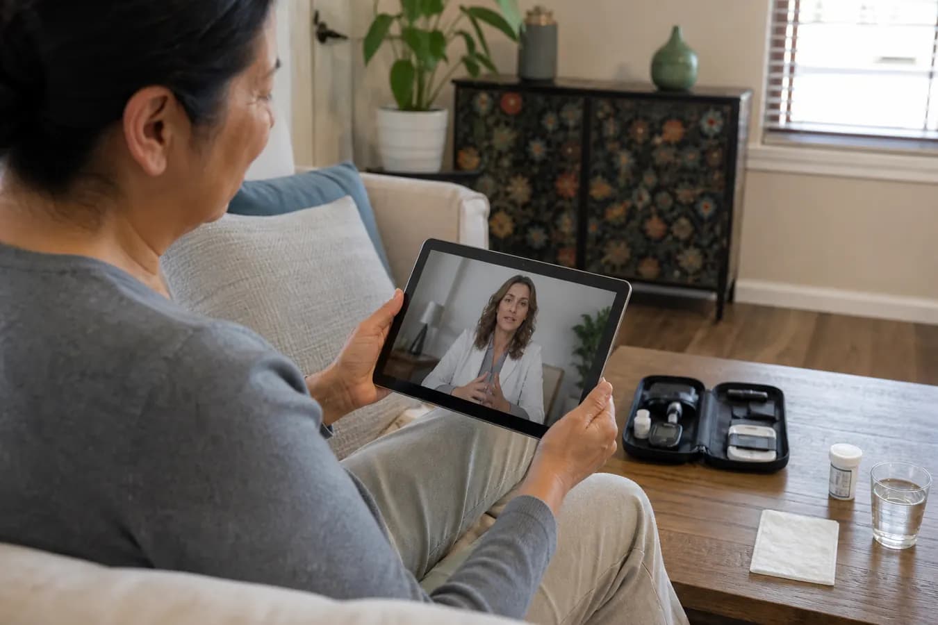 Patient joining a remote virtual clinical trial visit from home