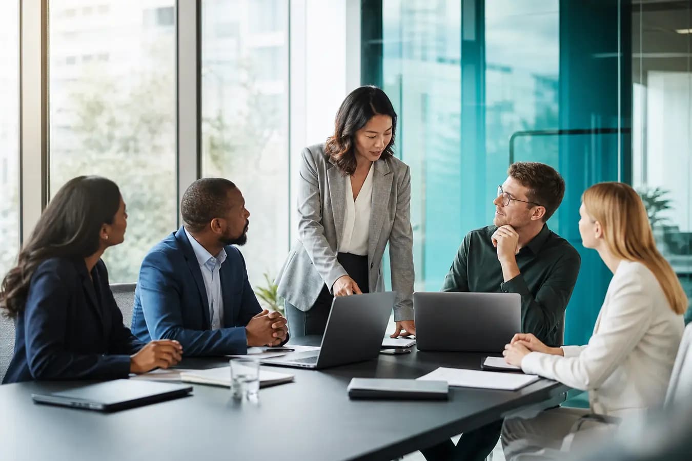 Technology professionals collaborating in a modern office