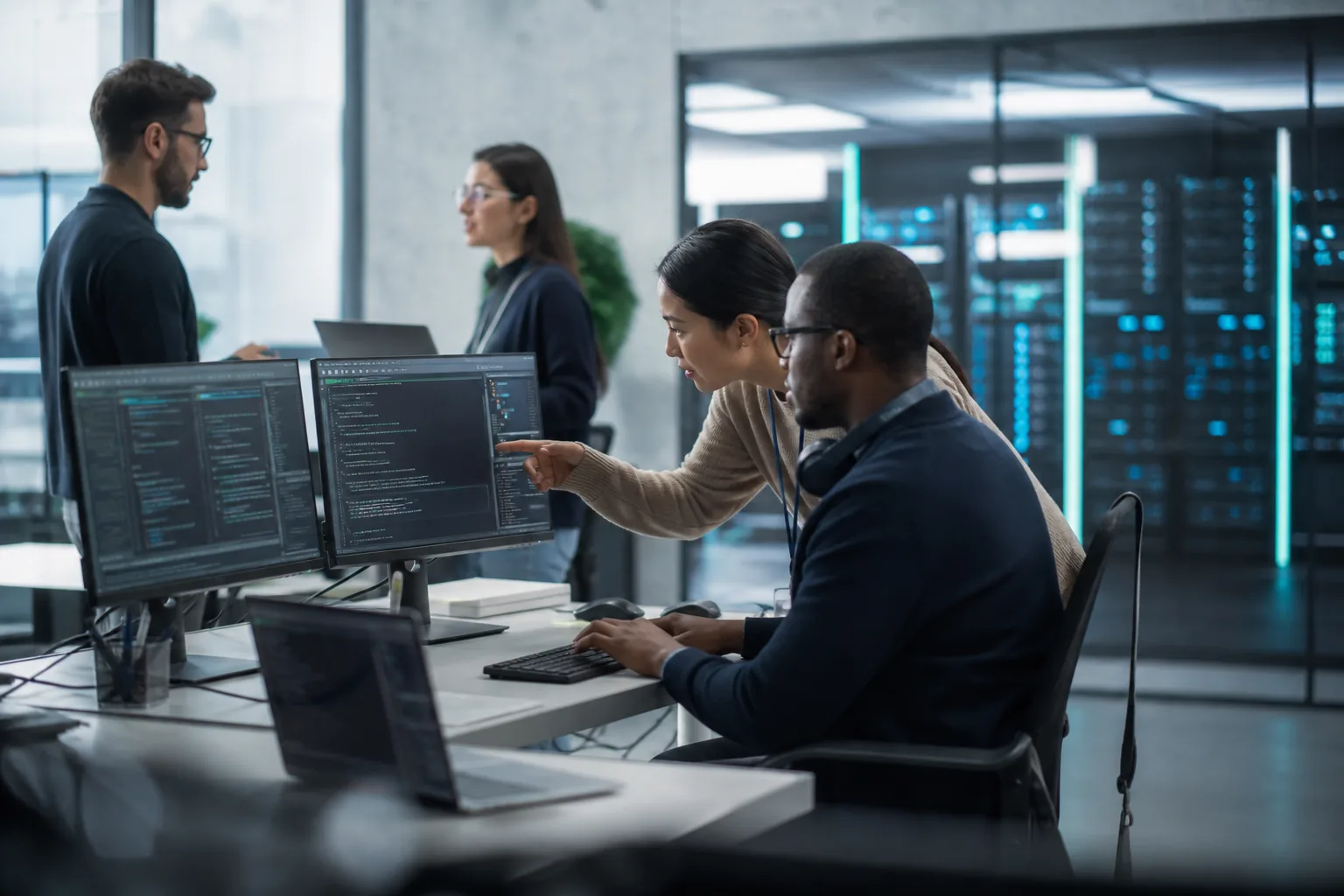 Ruisra software engineers collaborating in a modern IT workspace